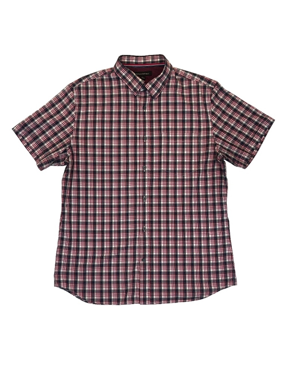 Banana Republic Mens Plaid Button Down Shirt L Red Navy Cotton Stretch